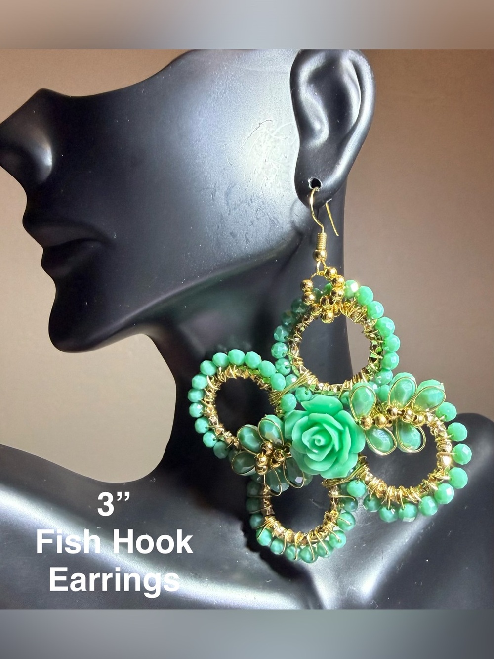 Handmade Green Floral Drop Earrings with Gold Accents